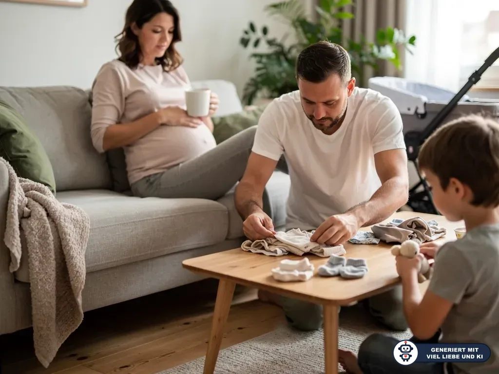 Schwangere auf dem Sofa, Vater und Kind sortieren Babykleidung im Wohnzimmer neben einem Kinderwagen. (mit KI erstellt)