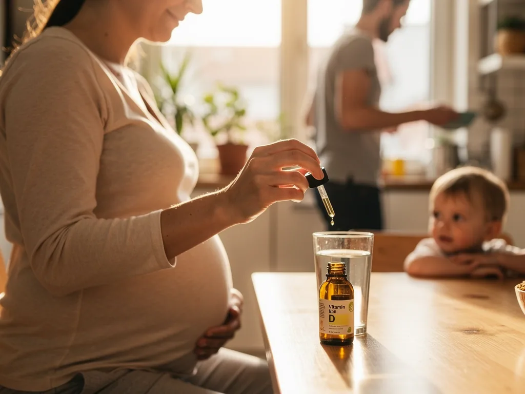 Schwangere dosiert Vitamin-D-Tropfen neben Wasserglas, während Vater und Kind in der sonnigen Küche sind.