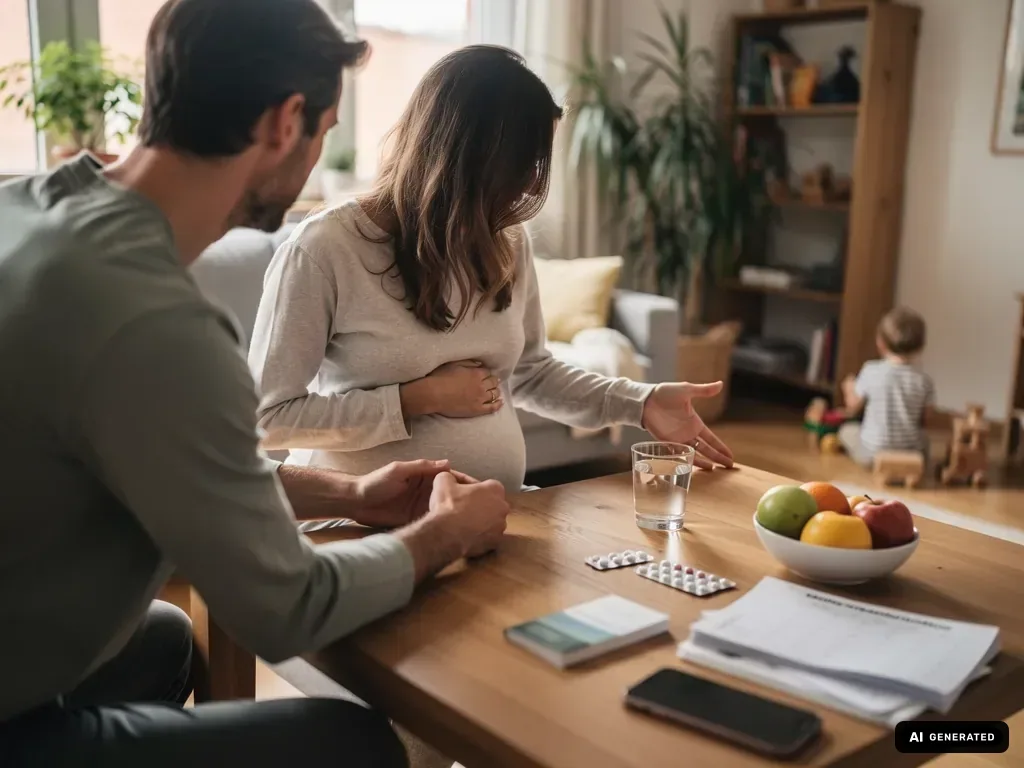 Schwangere Frau hält ihren Bauch, Partner sitzt daneben; auf dem Tisch liegen Wasser, Medikamente und Kalender. (mit KI erstellt)