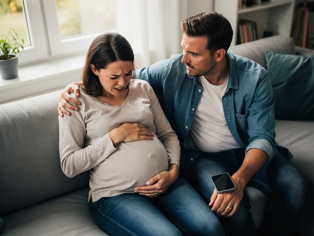 Schwangere Frau hält sich den Bauch, während ihr Partner mit Smartphone besorgt neben ihr auf dem Sofa sitzt.