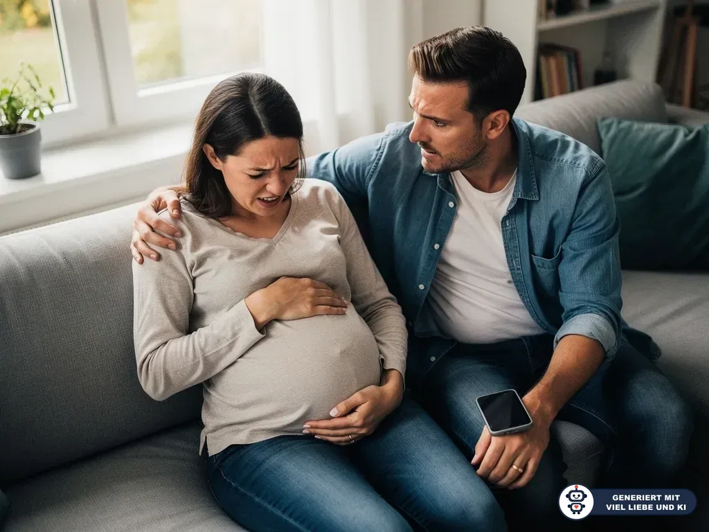 Schwangere Frau hält sich den Bauch, während ihr Partner mit Smartphone besorgt neben ihr auf dem Sofa sitzt. (mit KI erstellt)