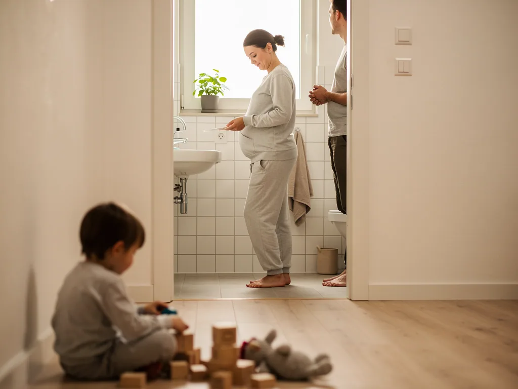 Schwangere Frau im Bad hält einen Test, Partner steht daneben, Kind spielt im Flur mit Bauklötzen.