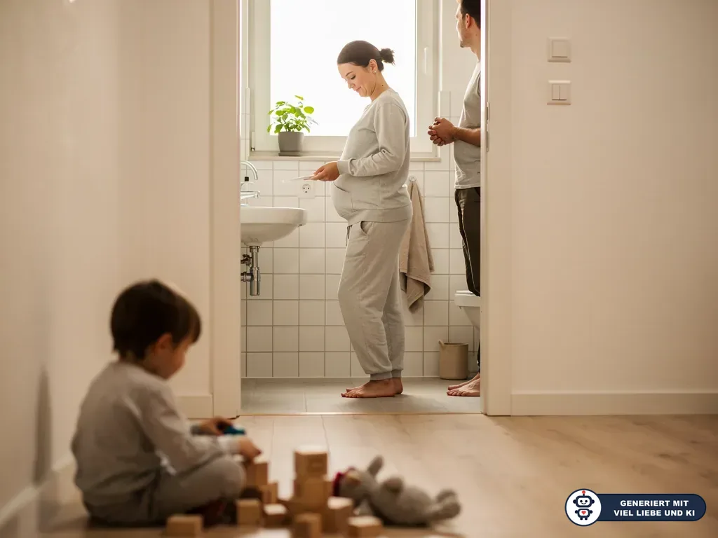 Schwangere Frau im Bad hält einen Test, Partner steht daneben, Kind spielt im Flur mit Bauklötzen. (mit KI erstellt)