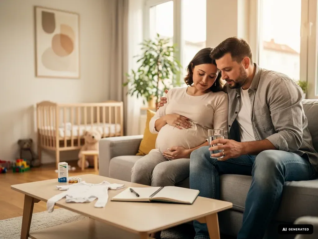 Schwangere Frau in der 32. SSW sitzt mit Partner im Wohnzimmer neben Babybett und Babyutensilien. (mit KI erstellt)