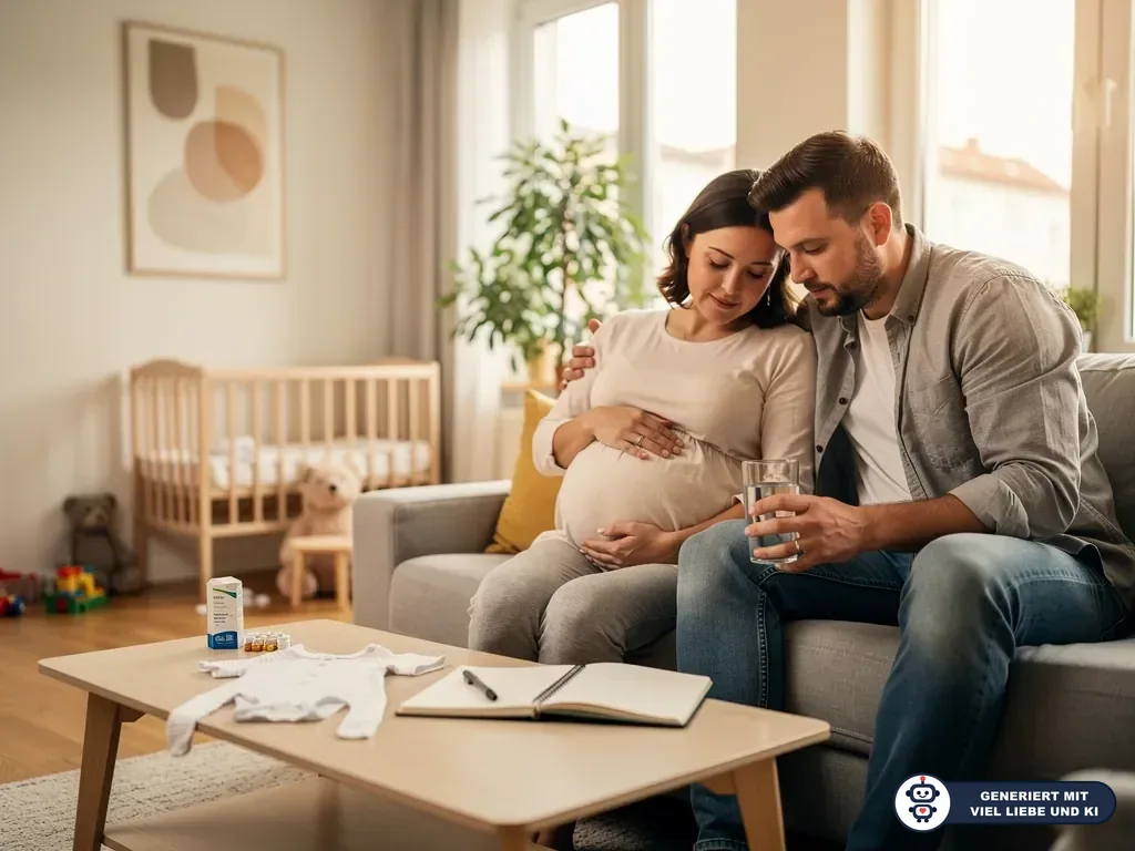 Schwangere Frau in der 32. SSW sitzt mit Partner im Wohnzimmer neben Babybett und Babyutensilien. (mit KI erstellt)