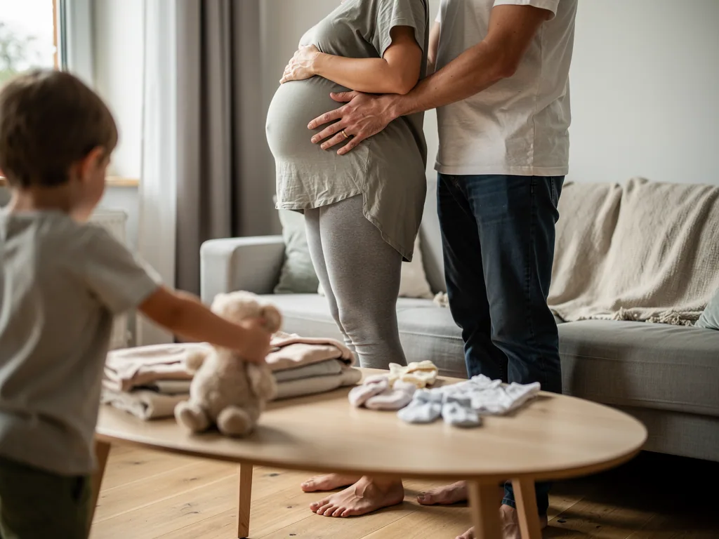 Schwangere Frau in der 32. SSW wird vom Partner umarmt, Kind und Babysachen liegen im Wohnzimmer bereit.