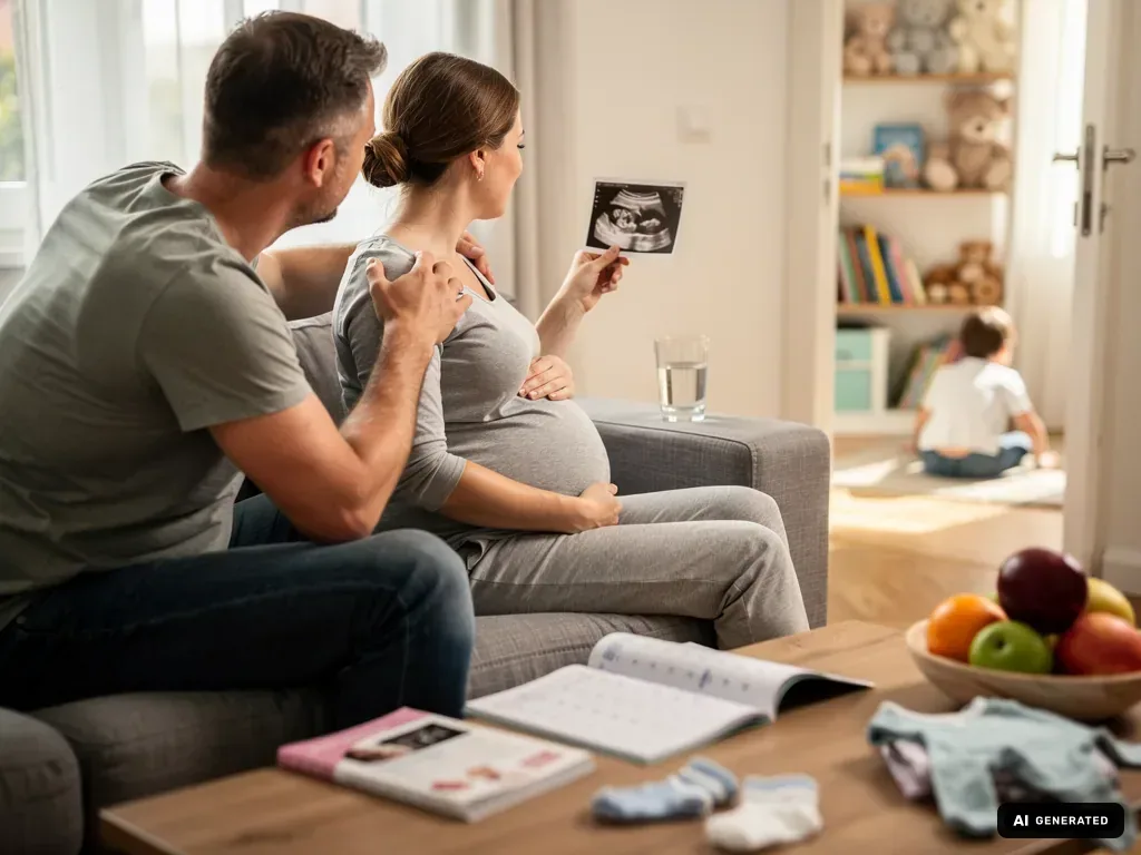 Schwangere Frau in der 33. SSW hält ein Ultraschallbild, Partner sitzt neben ihr, Kind spielt im Hintergrund. (mit KI erstellt)