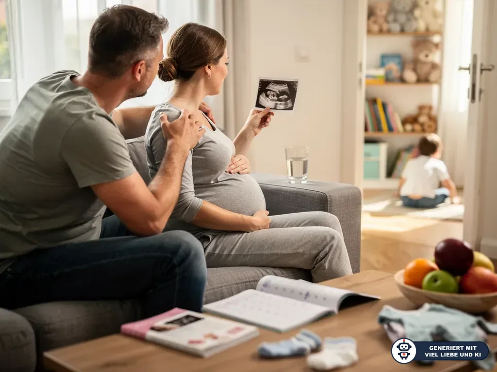 Schwangere Frau in der 33. SSW hält ein Ultraschallbild, Partner sitzt neben ihr, Kind spielt im Hintergrund. (mit KI erstellt)