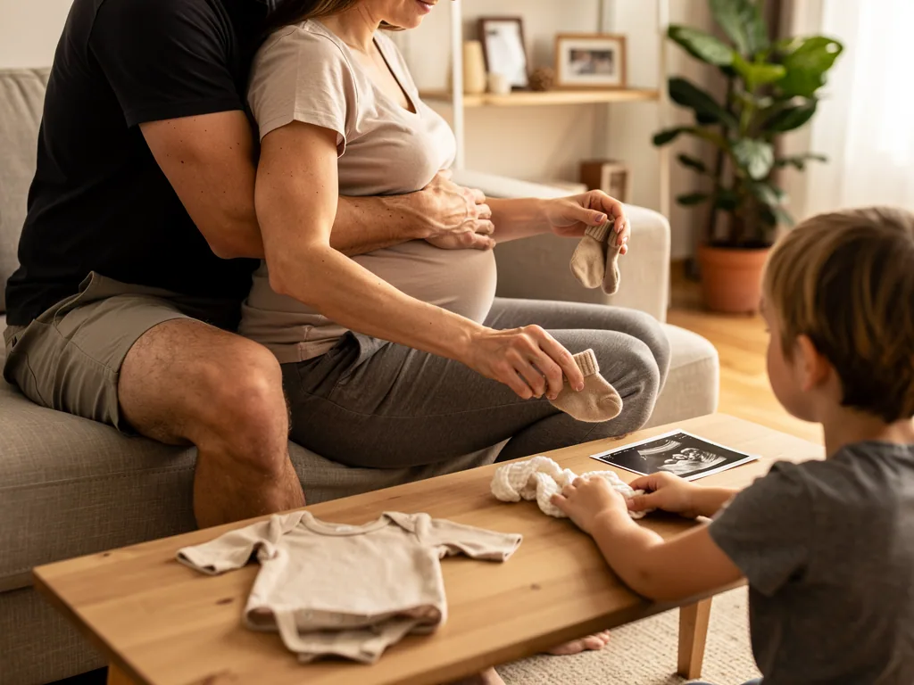 Schwangere Frau in der 34. SSW mit Partner und Kind sortiert Babysachen und Ultraschallbild im Wohnzimmer.