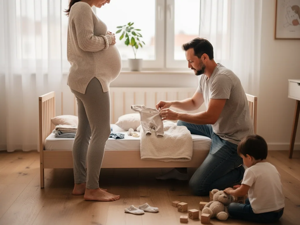 Schwangere Frau in der 35. SSW, Vater mit Babykleidung am Bett und Kleinkind im hellen Kinderzimmer.