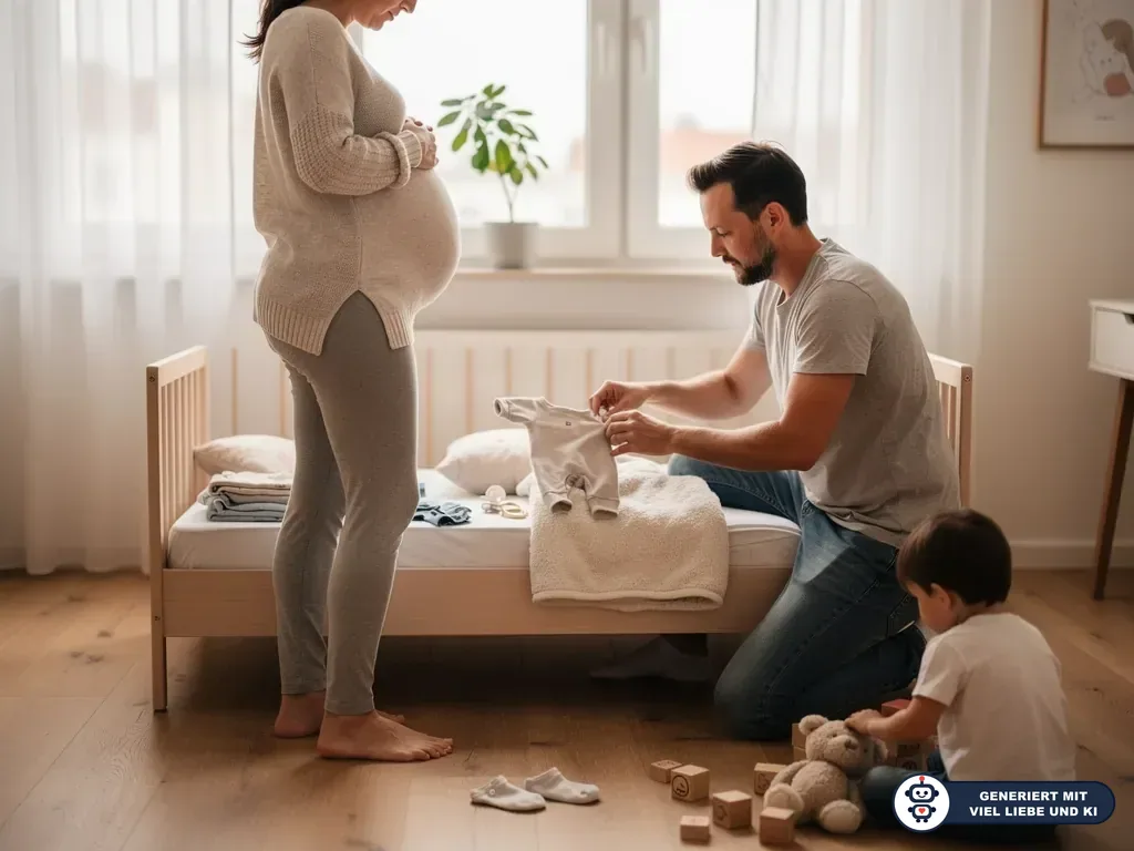 Schwangere Frau in der 35. SSW, Vater mit Babykleidung am Bett und Kleinkind im hellen Kinderzimmer. (mit KI erstellt)