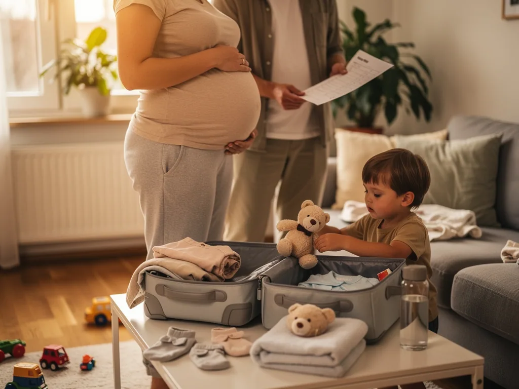 Schwangere Frau, Mann mit Checkliste und Kind packen im Wohnzimmer eine Kliniktasche für die Geburt.