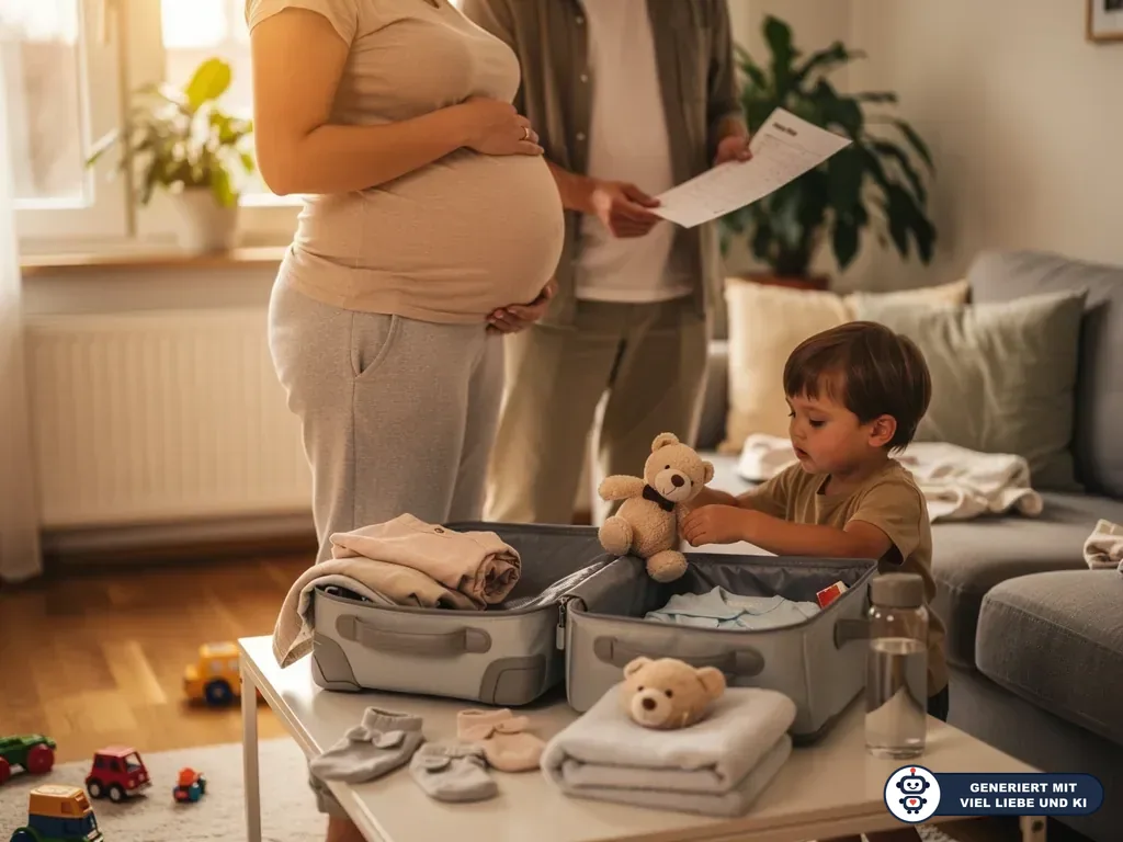 Schwangere Frau, Mann mit Checkliste und Kind packen im Wohnzimmer eine Kliniktasche für die Geburt. (mit KI erstellt)