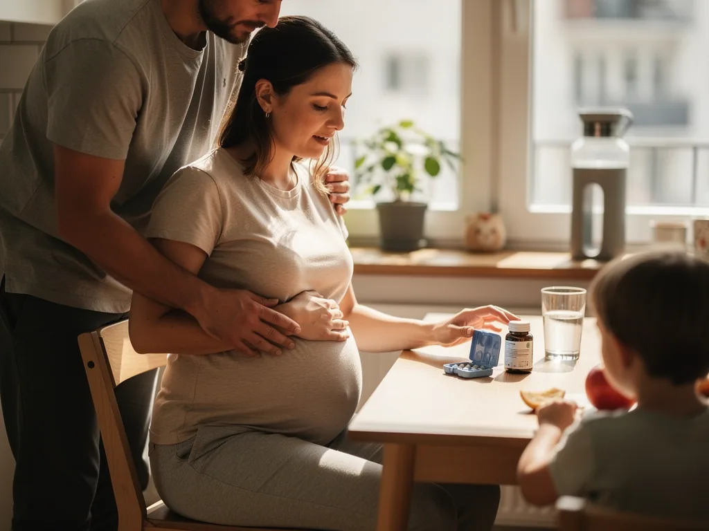 Schwangere Frau mit Partner am Tisch, vor ihr Vitamin-D-Tabletten, Wasserglas und ein Kind mit Obst.