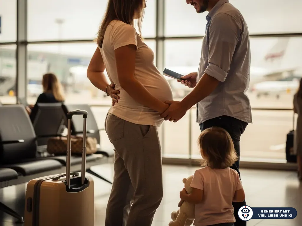 Schwangere Frau mit Partner, Kind und Koffer wartet am Flughafen vor großen Fenstern. (mit KI erstellt)