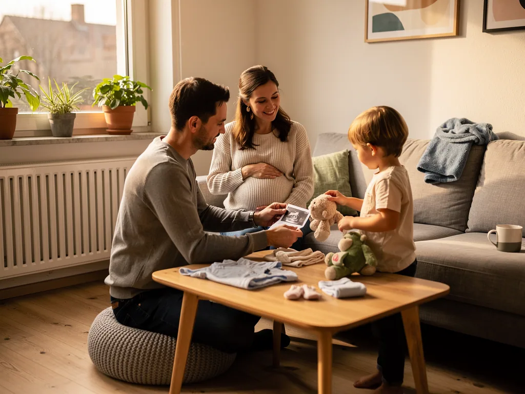 Schwangere Frau mit Partner und Kind betrachtet ein Ultraschallbild im Wohnzimmer, Babykleidung liegt auf dem Tisch.