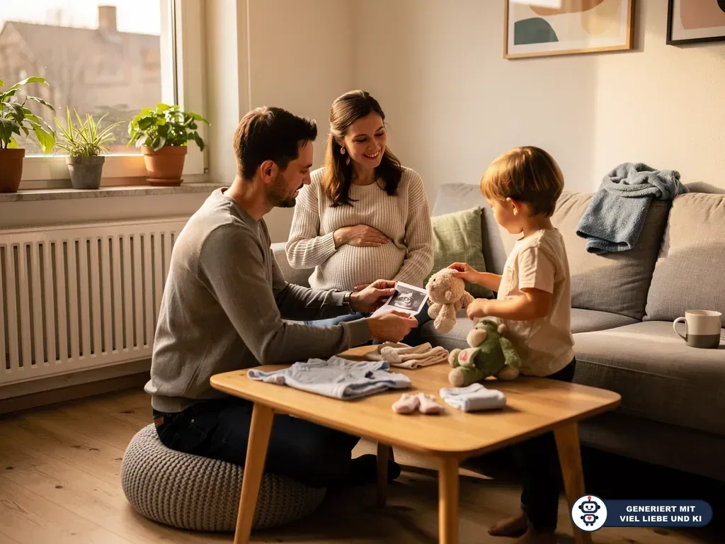 Schwangere Frau mit Partner und Kind betrachtet ein Ultraschallbild im Wohnzimmer, Babykleidung liegt auf dem Tisch. (mit KI erstellt)