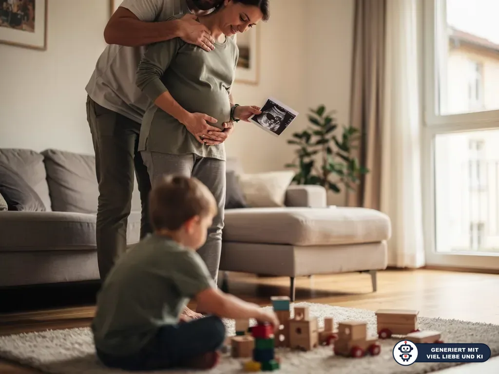 Schwangere Frau mit Ultraschallbild steht mit Partner im Wohnzimmer, während ein Kind auf dem Teppich spielt. (mit KI erstellt)