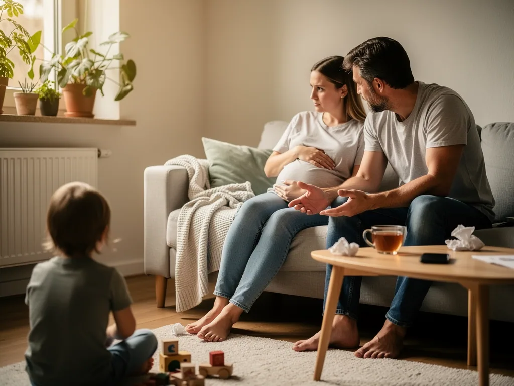Schwangere Frau sitzt angespannt neben gestikulierendem Partner, ein Kind spielt im Wohnzimmer davor.