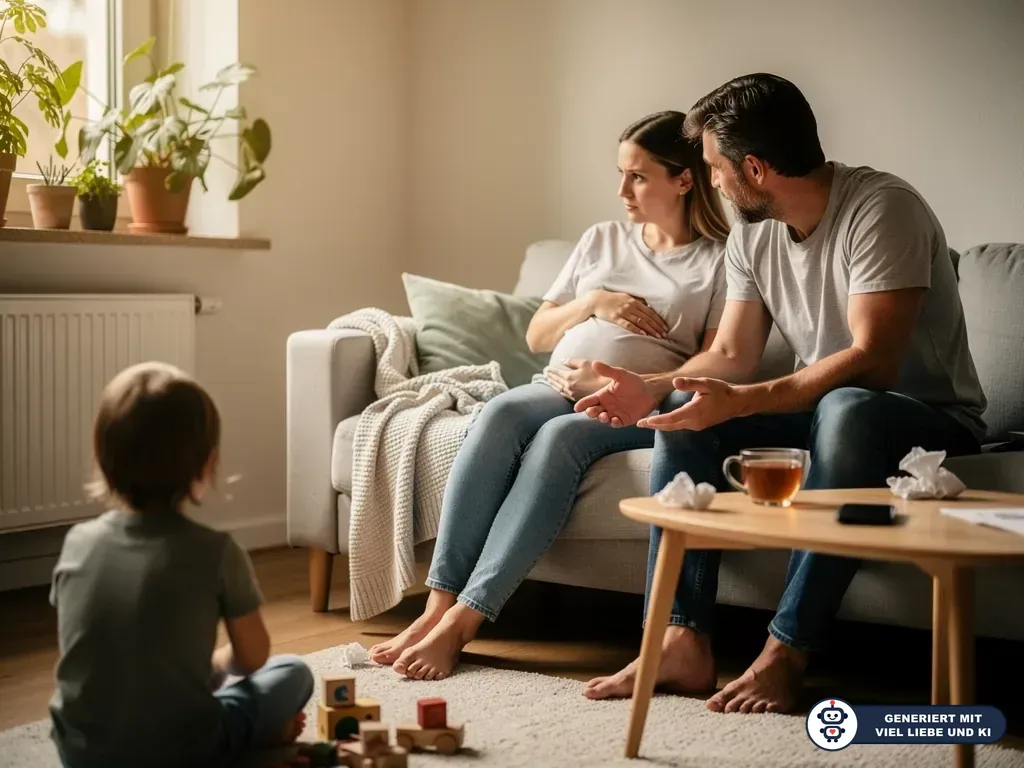 Schwangere Frau sitzt angespannt neben gestikulierendem Partner, ein Kind spielt im Wohnzimmer davor. (mit KI erstellt)