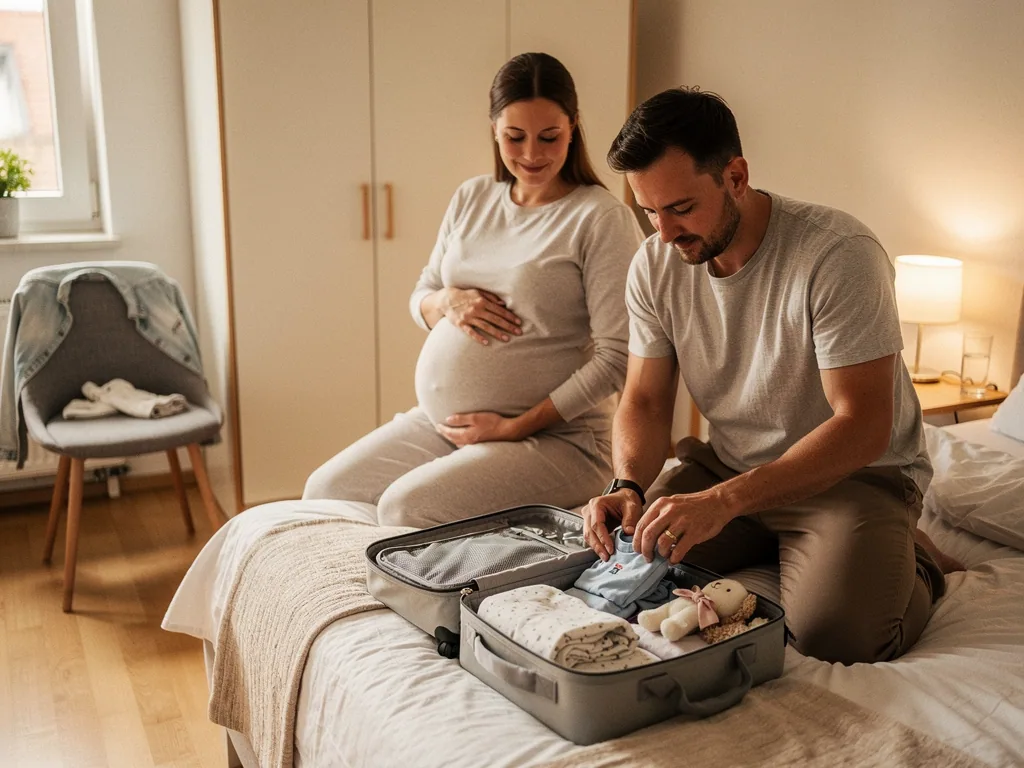 Schwangere Frau sitzt auf dem Bett, ihr Partner packt Babykleidung und Kuscheltier in eine Kliniktasche.