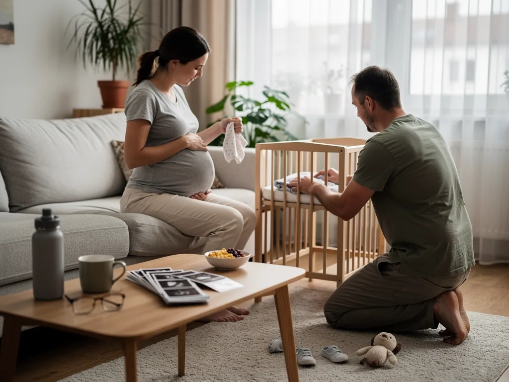 Schwangere Frau sitzt auf dem Sofa, während ihr Partner Babykleidung in ein Beistellbett legt.