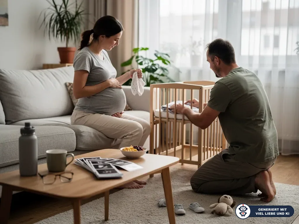 Schwangere Frau sitzt auf dem Sofa, während ihr Partner Babykleidung in ein Beistellbett legt. (mit KI erstellt)