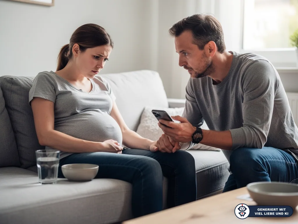 Schwangere Frau sitzt besorgt auf dem Sofa, Partner hält ihre Hand und ein Smartphone bereit. (mit KI erstellt)