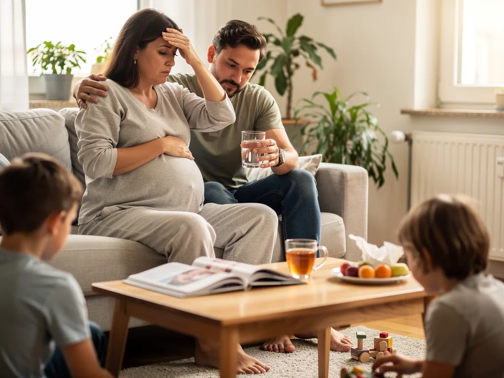 Schwangere Frau sitzt erschöpft auf dem Sofa, Partner legt den Arm um sie und hält ein Glas Wasser bereit.