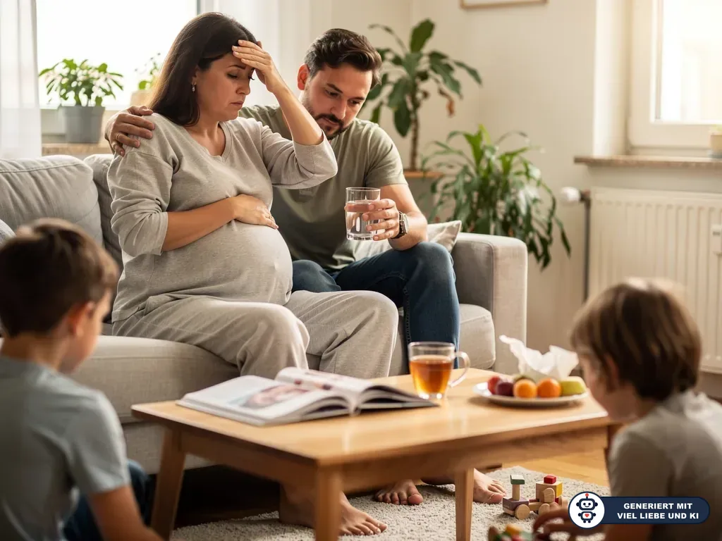 Schwangere Frau sitzt erschöpft auf dem Sofa, Partner legt den Arm um sie und hält ein Glas Wasser bereit. (mit KI erstellt)