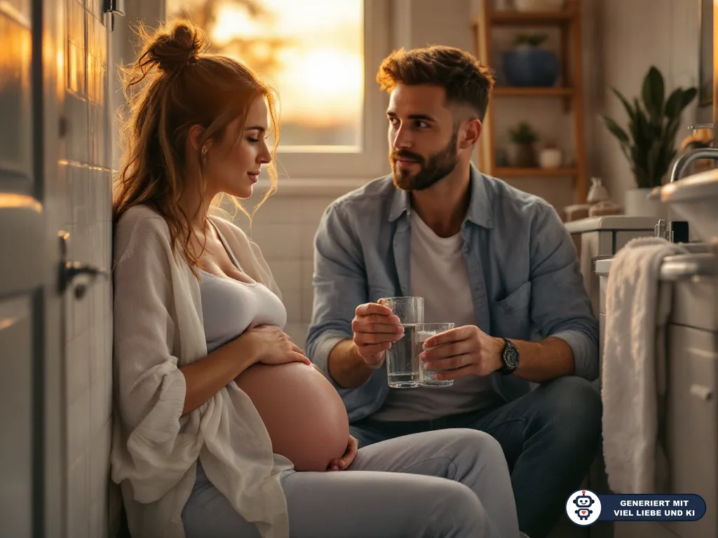 Schwangere Frau sitzt im Bad am Boden, ihr Partner reicht ihr ein Glas Wasser. (mit KI erstellt)
