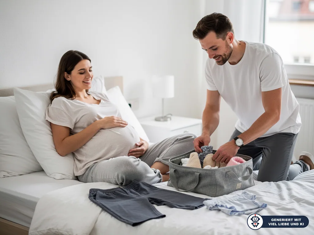 Schwangere Frau sitzt im Bett, während ihr Partner Kleidung und Babyartikel in eine graue Kliniktasche packt. (mit KI erstellt)