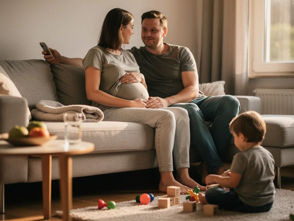 Schwangere Frau sitzt mit Partner auf dem Sofa, beide halten ihren Bauch, ein Kind spielt davor auf dem Teppich.