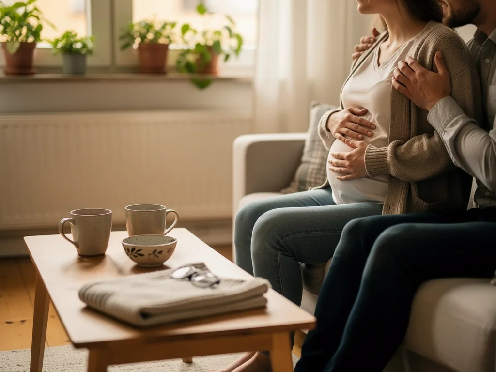 Schwangere Frau sitzt mit Partner auf dem Sofa; beide halten ihren Bauch, auf dem Tisch stehen Tassen.