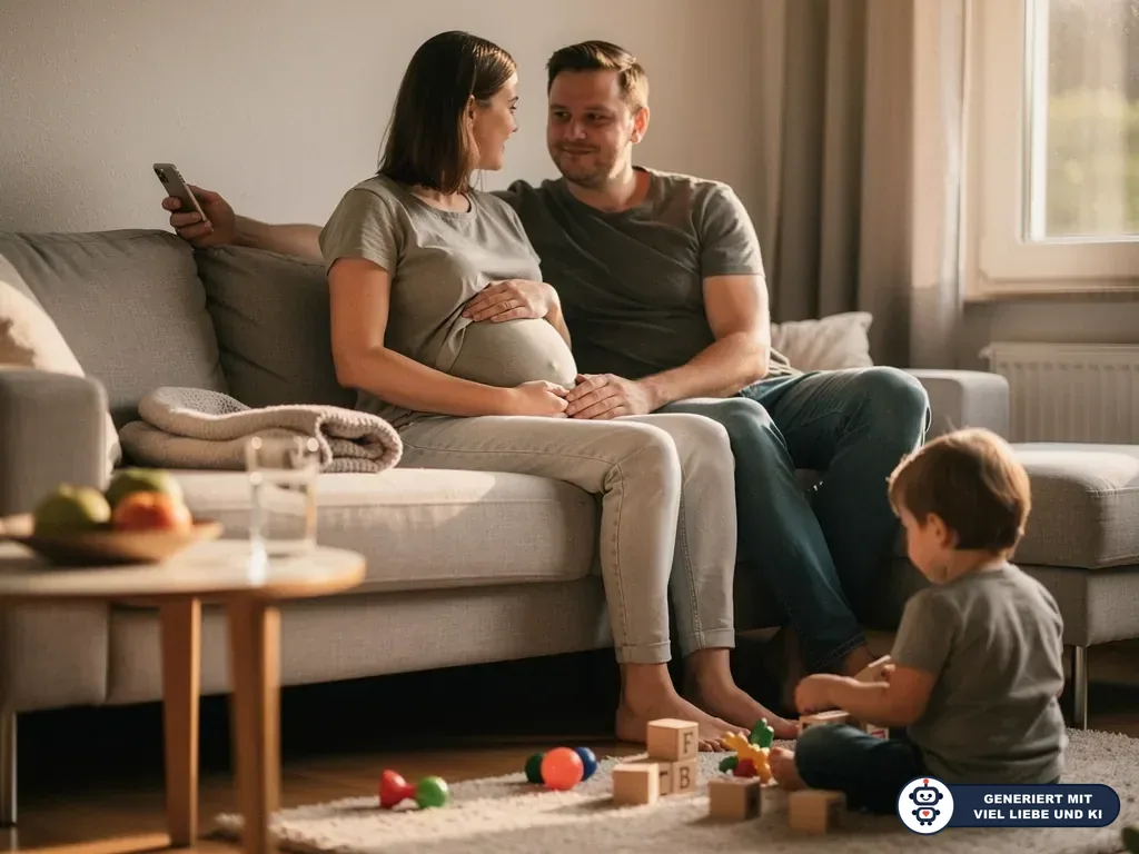 Schwangere Frau sitzt mit Partner auf dem Sofa, beide halten ihren Bauch, ein Kind spielt davor auf dem Teppich. (mit KI erstellt)