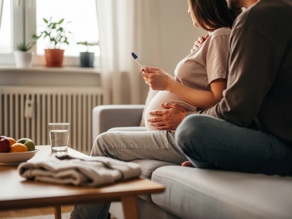 Schwangere Frau sitzt mit Partner auf dem Sofa und hält einen Schwangerschaftstest in der Hand.