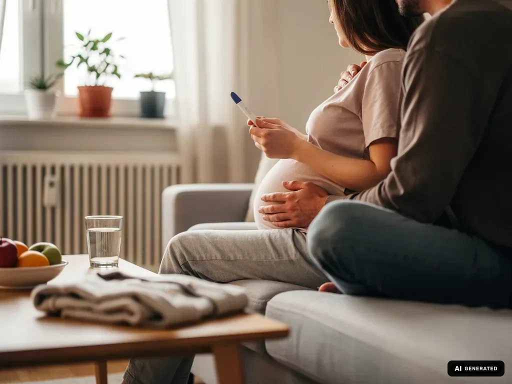 Schwangere Frau sitzt mit Partner auf dem Sofa und hält einen Schwangerschaftstest in der Hand. (mit KI erstellt)