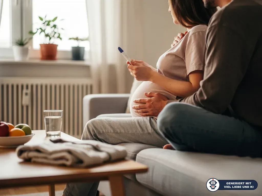 Schwangere Frau sitzt mit Partner auf dem Sofa und hält einen Schwangerschaftstest in der Hand. (mit KI erstellt)