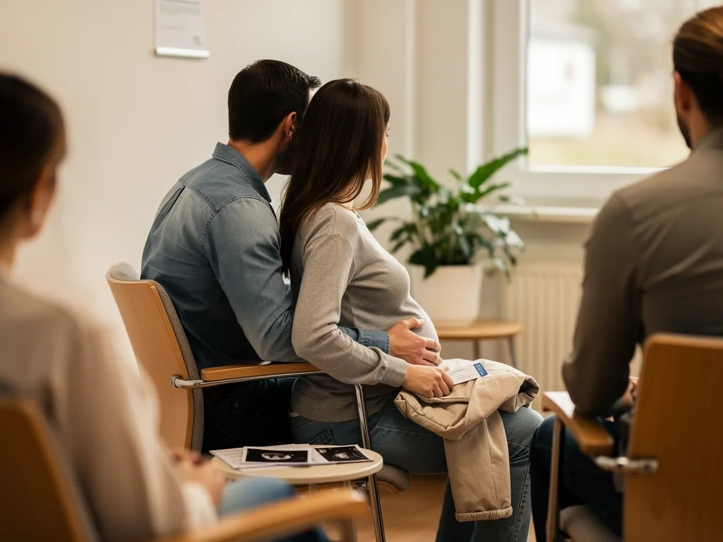 Schwangere Frau sitzt mit Partner im Wartezimmer einer Arztpraxis, hält Unterlagen und legt eine Hand auf den Bauch.