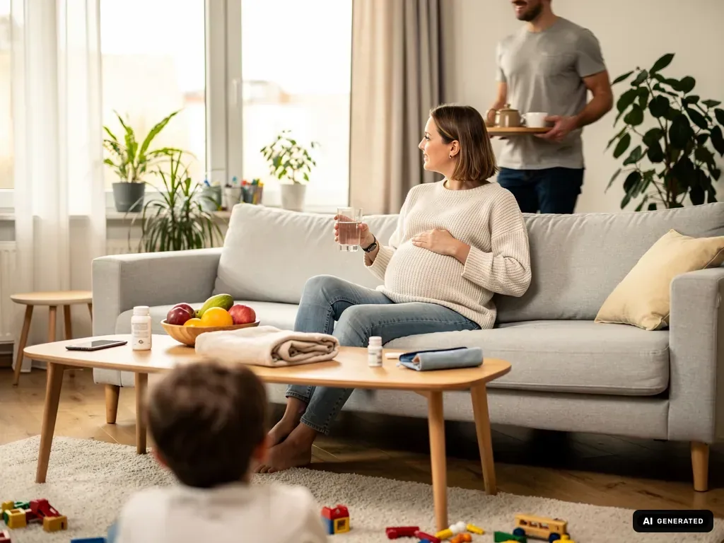 Schwangere Frau sitzt mit Wasserglas auf dem Sofa, ein Mann bringt Tee, ein Kind spielt im Wohnzimmer. (mit KI erstellt)