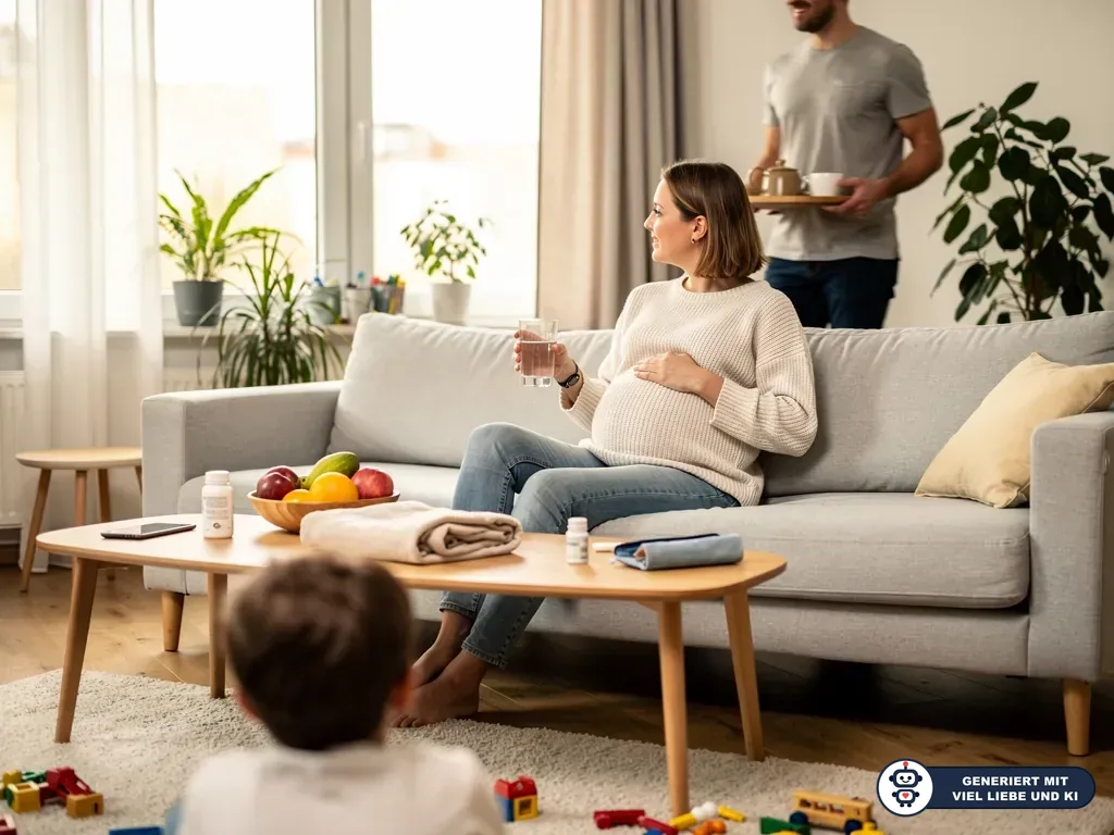 Schwangere Frau sitzt mit Wasserglas auf dem Sofa, ein Mann bringt Tee, ein Kind spielt im Wohnzimmer. (mit KI erstellt)
