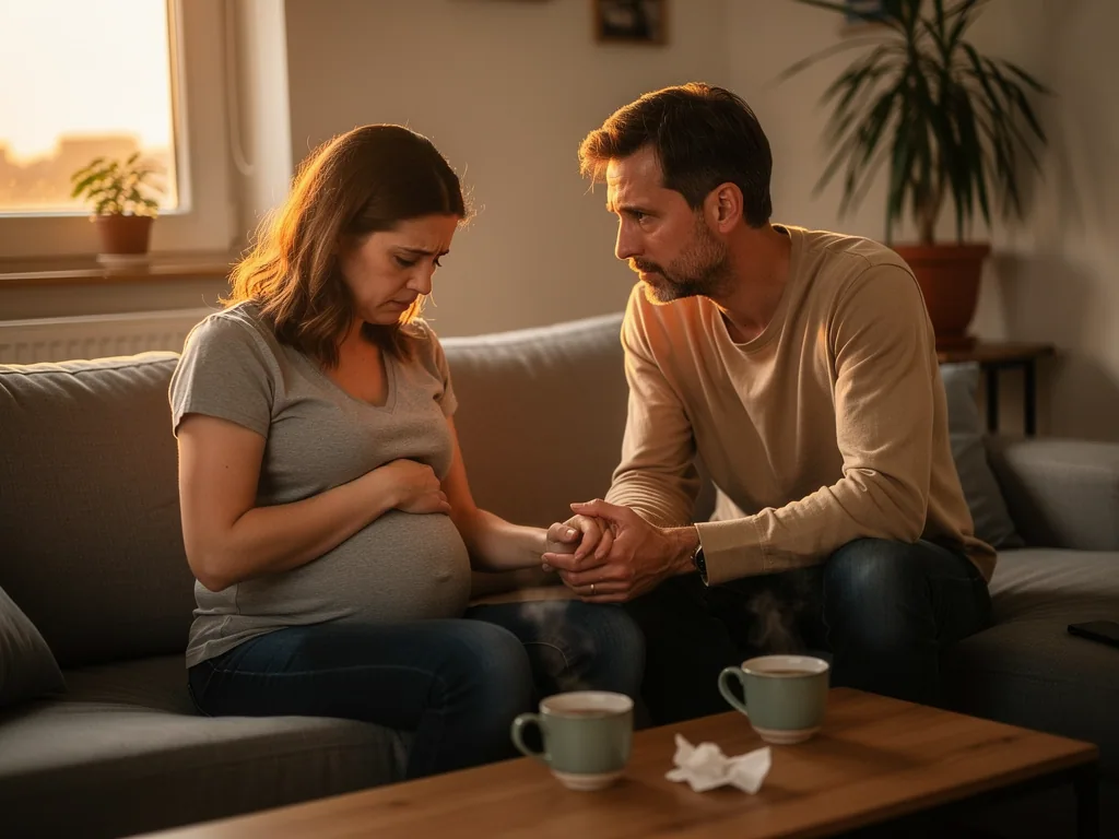 Schwangere Frau sitzt traurig auf dem Sofa, ihr Partner hält unterstützend ihre Hand im Wohnzimmer.