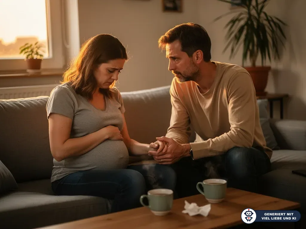 Schwangere Frau sitzt traurig auf dem Sofa, ihr Partner hält unterstützend ihre Hand im Wohnzimmer. (mit KI erstellt)