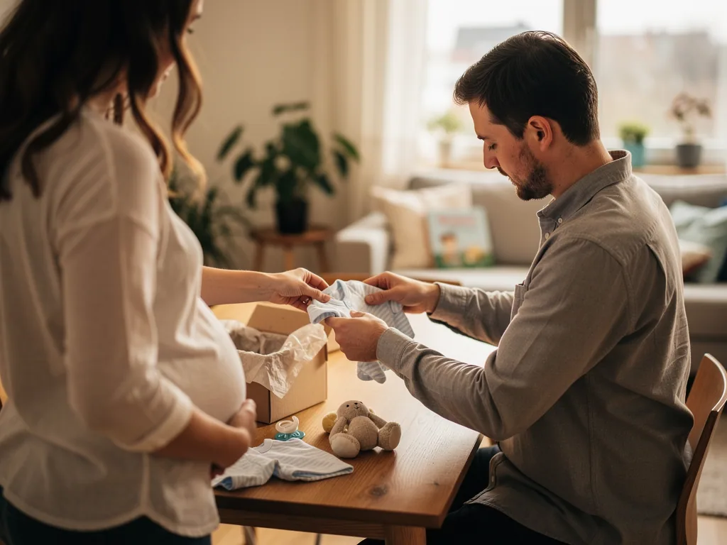 Schwangere Frau und Mann prüfen Babykleidung an einem Tisch im Wohnzimmer.