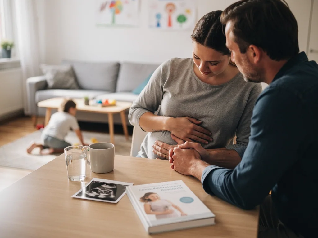Schwangere Frau und Partner am Tisch, Hände am Babybauch; Ultraschallbild liegt daneben, Kind spielt im Wohnzimmer.