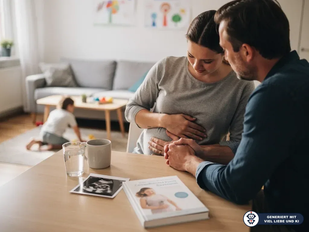 Schwangere Frau und Partner am Tisch, Hände am Babybauch; Ultraschallbild liegt daneben, Kind spielt im Wohnzimmer. (mit KI erstellt)