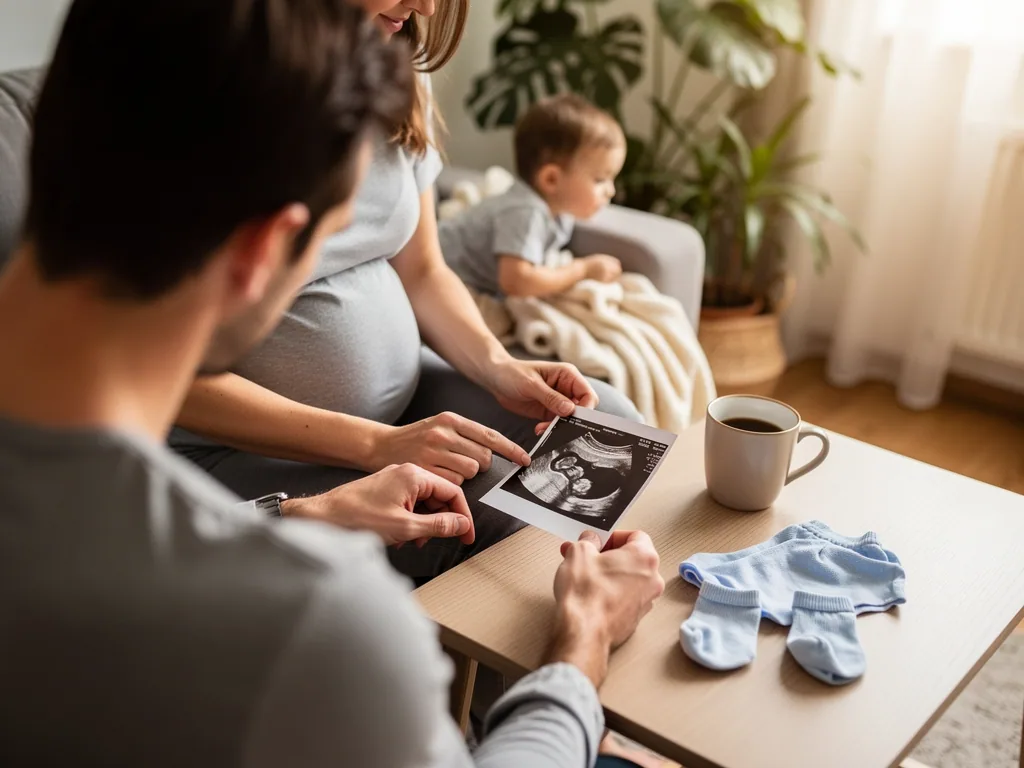 Schwangere Frau und Partner betrachten ein Ultraschallbild, daneben Babystrampler und Kleinkind im Wohnzimmer.