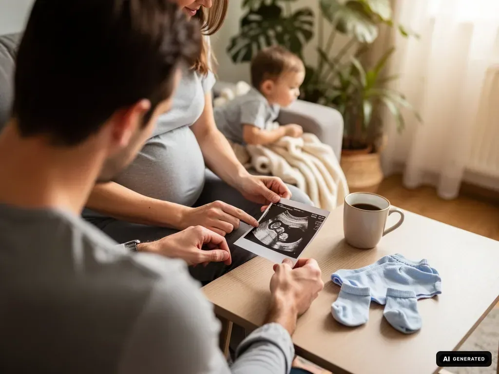 Schwangere Frau und Partner betrachten ein Ultraschallbild, daneben Babystrampler und Kleinkind im Wohnzimmer. (mit KI erstellt)