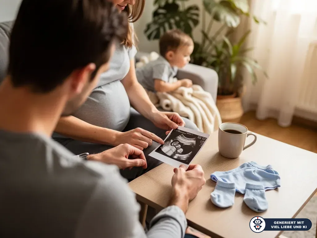 Schwangere Frau und Partner betrachten ein Ultraschallbild, daneben Babystrampler und Kleinkind im Wohnzimmer. (mit KI erstellt)