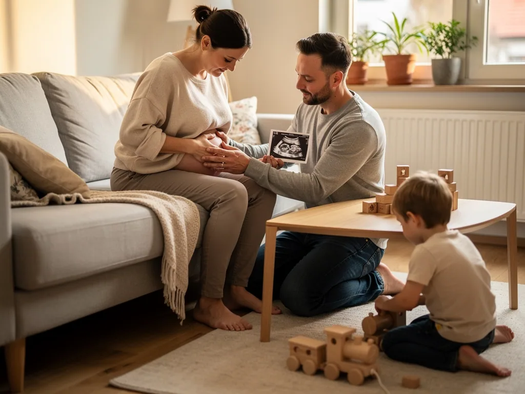 Schwangere Frau und Partner betrachten ein Ultraschallbild, während ein Kleinkind im Wohnzimmer mit Holzspielzeug spielt.